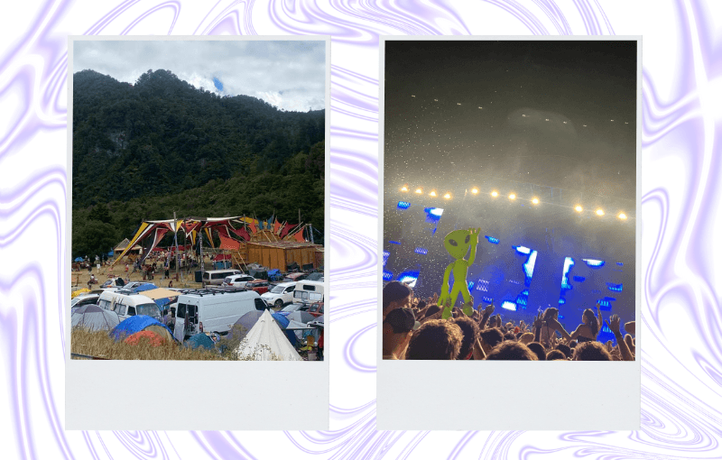 Two polaroid-style photos side by side. The left photo depicts a colorful festival setup with tents and vehicles in a field surrounded by forested mountains. A stage is covered by bright, geometric fabric decorations. The right photo captures a nighttime concert scene, with an animated green alien figure dancing amid a crowd in front of a brightly lit stage.