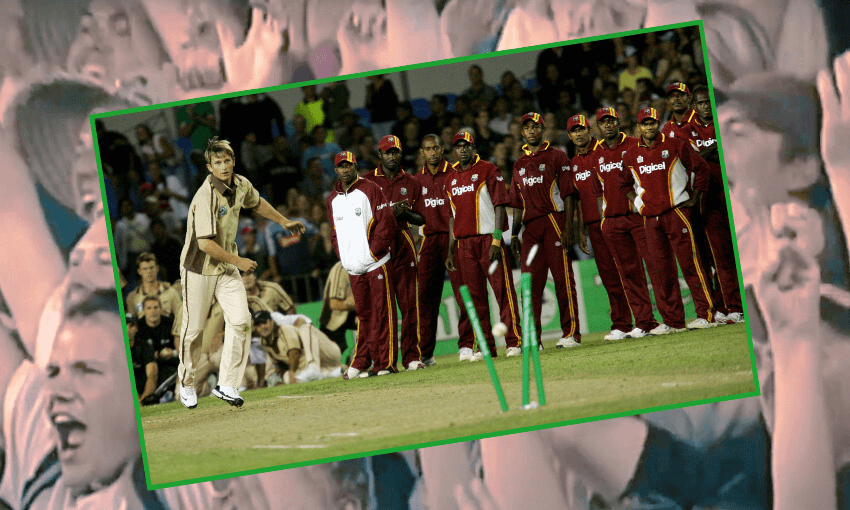 Shane Bond sends the Eden Park crowd into a bowl-out frenzy (Photo: DEAN TREML/AFP via Getty Images) 
