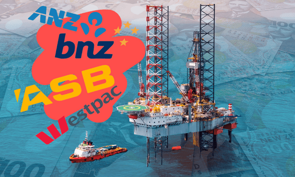 a background of an oil rig with New zealand dollars and logos from Westpac, BNZ, ANZ and ASB. there are too many acronyms in this story but that is due to the banks