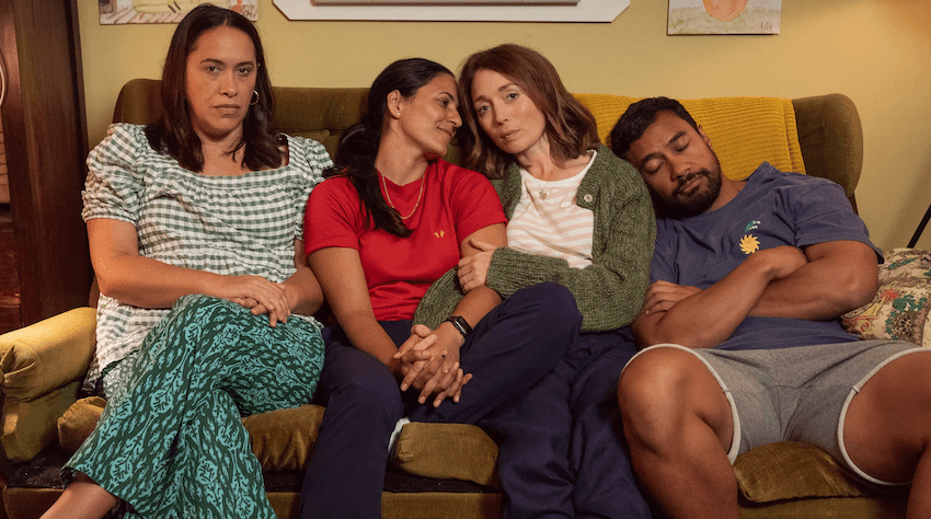 Kura Forrester, Madeleine Sami, Antonia Prebble and Dominic Ona-Ariki slumped on their flat couch