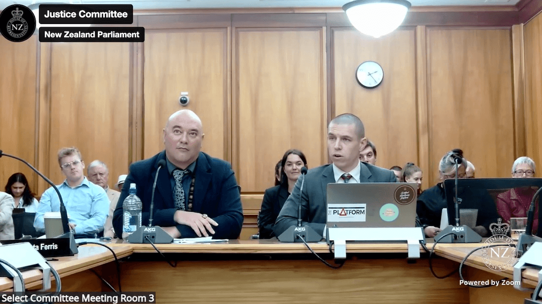 two men in suits sit at a table with a small group of spectators behind them. they are in the select committee meeting room with wood panel walls and bright lights overhead. the image is a screengrab from the livestream