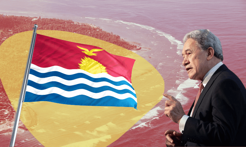 a purple toned island with the flag of kiribati and a cutout of Winston beters looking towards it with an admonishing expressions