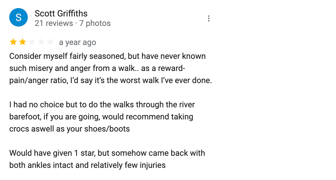 Two star review saying, "I have never known such misery form a walk"