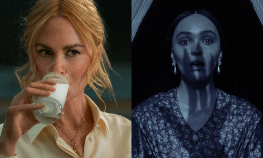Left: Nicole Kidman drinks milk from a glass, wearing a light blouse in Babygirl. Right: Lily Rose Depp lit dramatically, looks surprised, wearing patterned clothing and earrings, against a dark background in Nosferatu..