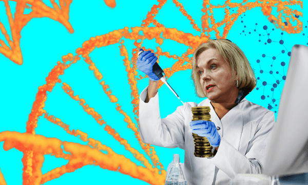 a turquoise background with orange giant DNA spiralling across the screen and the head of hudith collins looking severe with a blonde bob superimposed over the body of a scientist in a cliched white lab coat holding some coins and a pipette