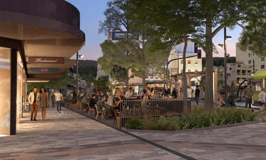 A lively urban street scene at dusk features people dining at outdoor tables near a restaurant and bar. Trees and modern buildings surround the area, with a sign for "Square." Soft lighting creates a warm and inviting atmosphere.