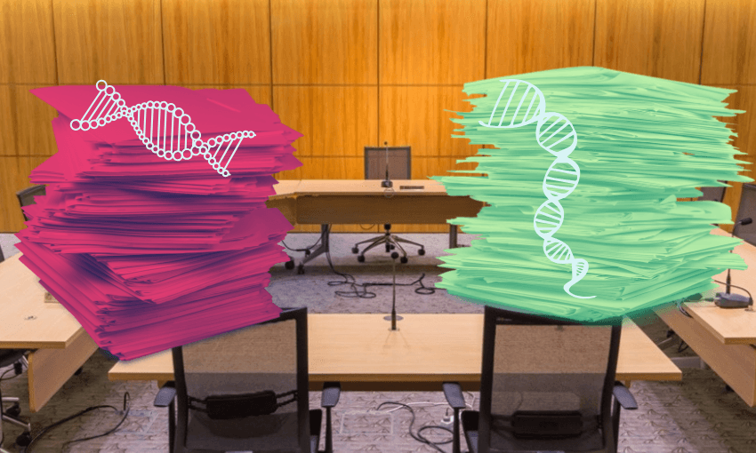 a select committee room in parliament with piles of paper in green and red superimposed with the stereotypical DNA double helix