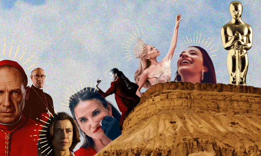 A surreal collage with a barren desert landscape featuring various Academy Award nominees in dramatic poses, a crowned figure reaching upwards, and a golden Oscar statue at the top. The sky is a textured gradient.