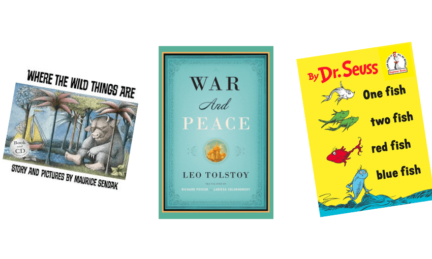 Images of three book covers: Where the Wild Things Are by Maurice Sendak; War and Peace by Leo Tolstoy; and One Fish Two Fish Red Fish Blue Fish by Dr. Seuss