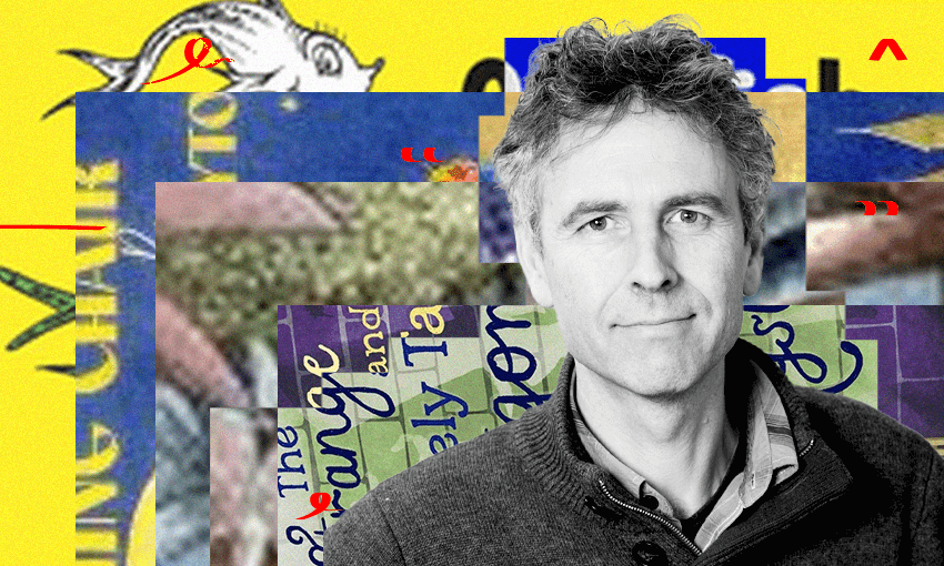 Photograph of Anthony Elworthy, writer and animator with background of book covers in collage.