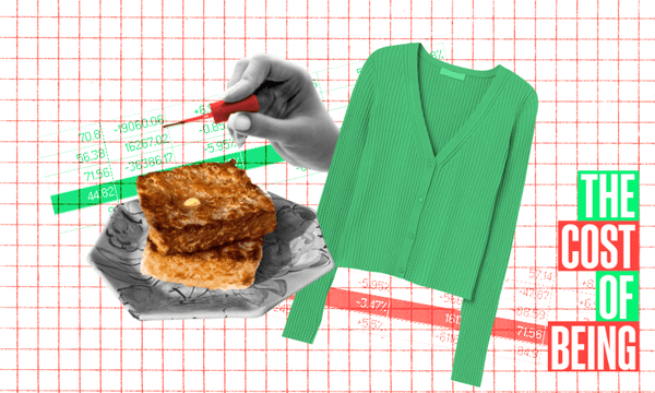 Collage featuring a green cardigan, a hand holding a red nail polish brush, a toasted cheese scone on a plate, and a background of financial graphs. Text reads "The Cost of Being.