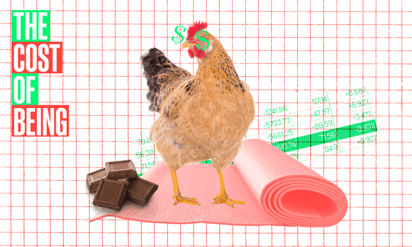 A chicken stands on a pink yoga mat surrounded by chocolate squares, with dollar signs over its eyes. There's a financial chart in the background and text reading "The Cost of Being" on the left.