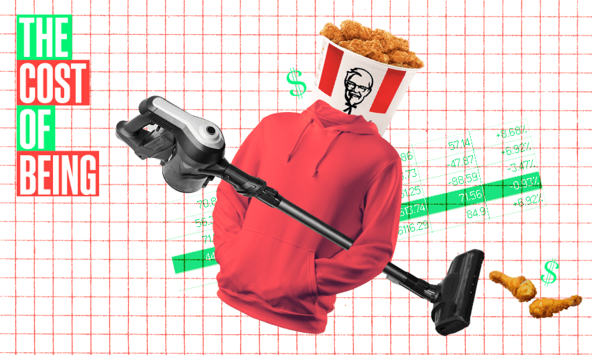 A surreal collage features a person with a KFC bucket as a head, wearing a red hoodie, holding a vacuum cleaner. Background shows a grid with financial tables, graphs, and dollar signs. Text reads "The Cost of Being" on the left.
