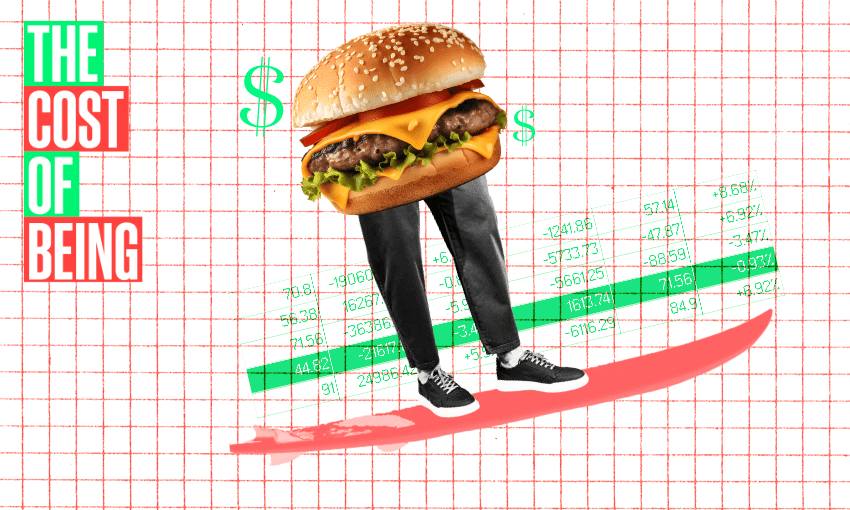 A hamburger with human legs wearing sneakers rides a surfboard. Dollar symbols float nearby. The background features a grid with numbers, and the phrase "The Cost of Being" appears in large text on the left.