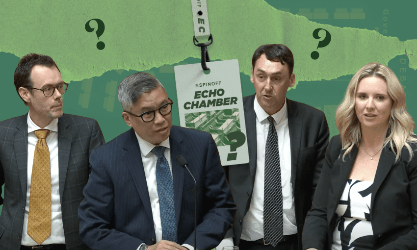 Four people are speaking against a green background featuring question marks and a large event name tag labeled "#Spinoff Echo Chamber." The individuals are formally dressed, and one is speaking at a podium.