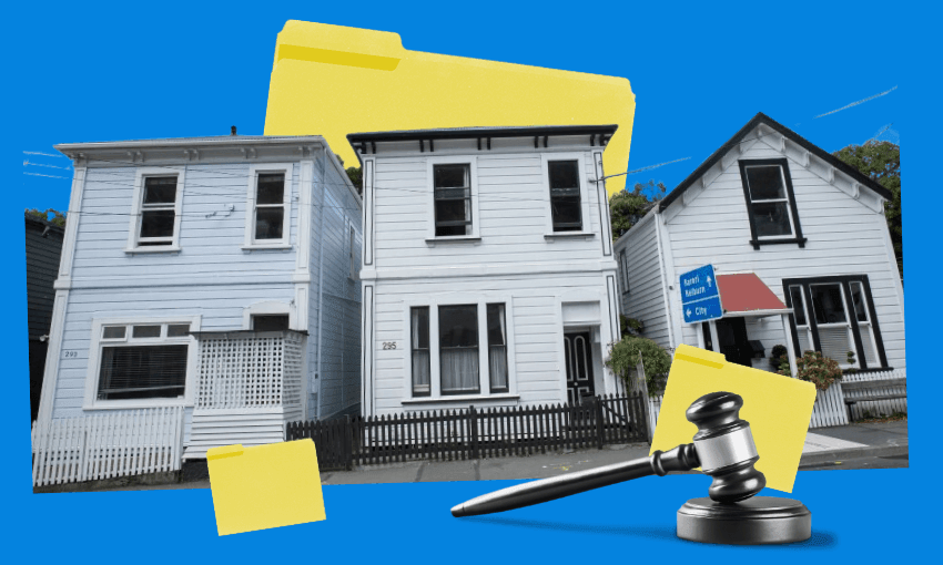 Three white houses with black trim are set against a bright blue background. Yellow folder icons hover above the houses. In the lower right, a judge's gavel sits on a block, symbolizing legal or real estate issues.
