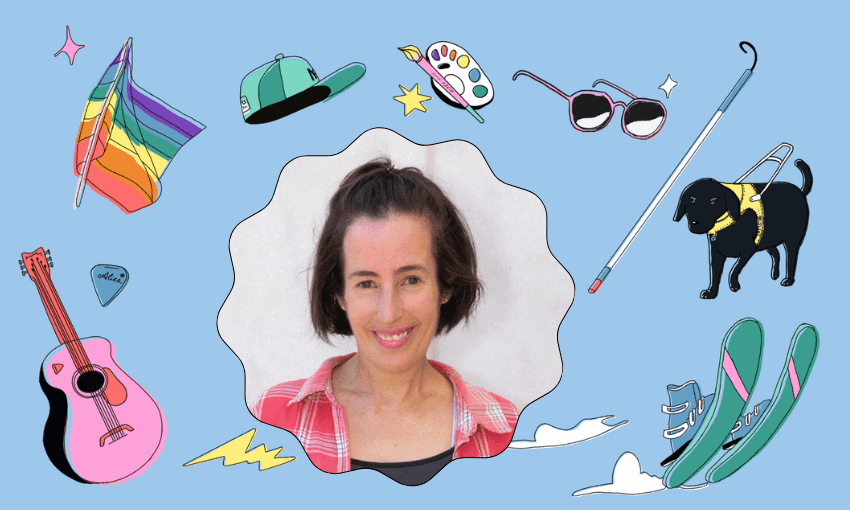 Felicity Hamil smiles at the camera against a baby blue background surrounded by cartoon objects including sunglasses, a cane, a guide dog and a guitar