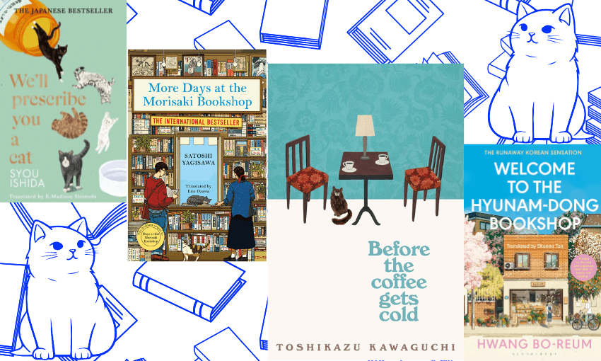 Pictures of book covers with a background of books and cats.