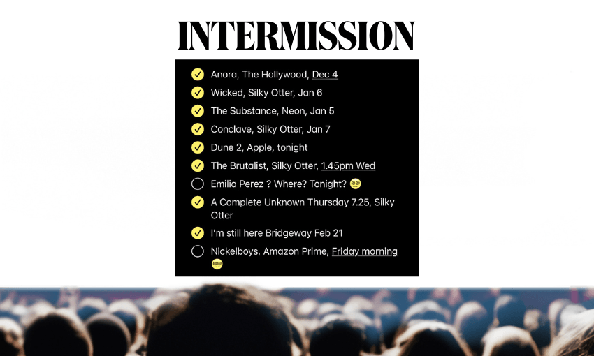 A list titled "Intermission" with items and emoji checkmarks. Titles include Anora, Wicked, The Substance, Conclave, and more, with various dates and venues like Silky Otter and Apple. The background shows a blurred audience in a theater setting.