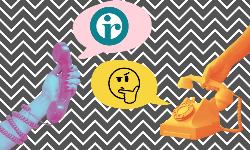 a zigzaggy background with a colourful hand holding a phone with an IRD speech bubble and an orange arm putting down a phone with a suspicious speech bubble