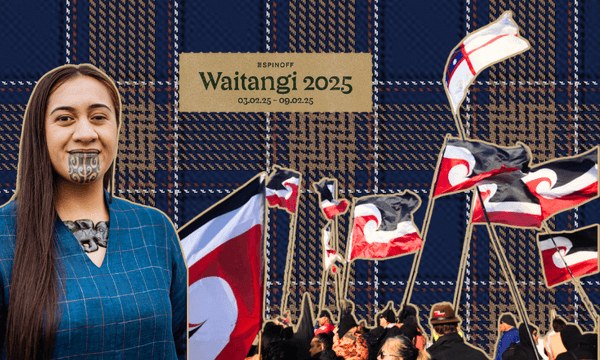 A woman with traditional face markings stands smiling in front of a background featuring people holding flags. The text reads, "Spinoff Waitangi 2025" with dates. The scene suggests a cultural event.