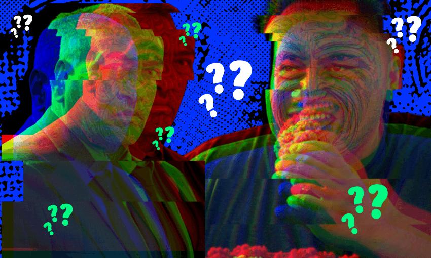 A glitch art image showing overlapping, distorted figures. One figure on the left appears in multiple layers with a serious expression, while the figure on the right is eating popcorn, smiling. Several question marks are scattered across a blue background.