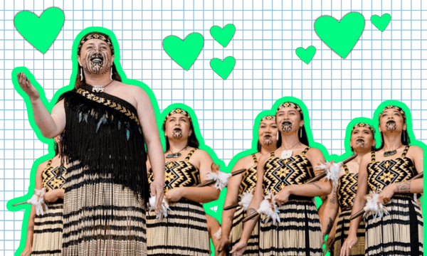 A group of people in traditional Maori attire, adorned with woven patterns and feathers, perform with expressions of joy. Green hearts are overlaid on a background of blue graph paper.