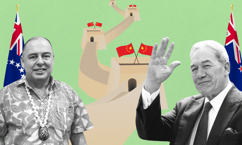 Two individuals are shown in front of an illustrated background of the Great Wall of China. The person on the left wears a floral shirt and a necklace. The person on the right is in a suit, waving. Flags of China, New Zealand, and the Cook Islands are visible.
