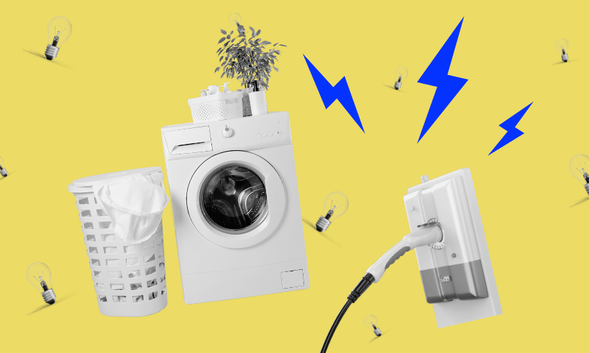 A white washing machine with a laundry basket beside it, set against a bright yellow background. A power plug is shown connecting to an outlet, with blue lightning bolts symbolizing electricity. Small lightbulbs are scattered throughout the background.