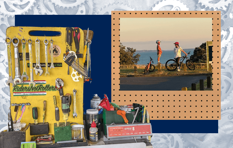 A collage featuring two images: On the left, a bright yellow tool board labeled 'Riders Not Rollers' holds an array of bike repair tools, including wrenches, pliers, and a tire pump, with additional tools and supplies on the workbench below. On the right, a smaller framed photo shows two children in helmets standing beside their bikes at sunset, overlooking the ocean, engaged in conversation. The background of the collage includes a patterned design with gears.