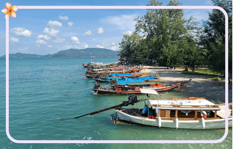 A serene coastal scene with several traditional wooden boats moored along the shore. The turquoise sea stretches to a distant hilly island under a partly cloudy sky. Lush green trees line the sandy beach.