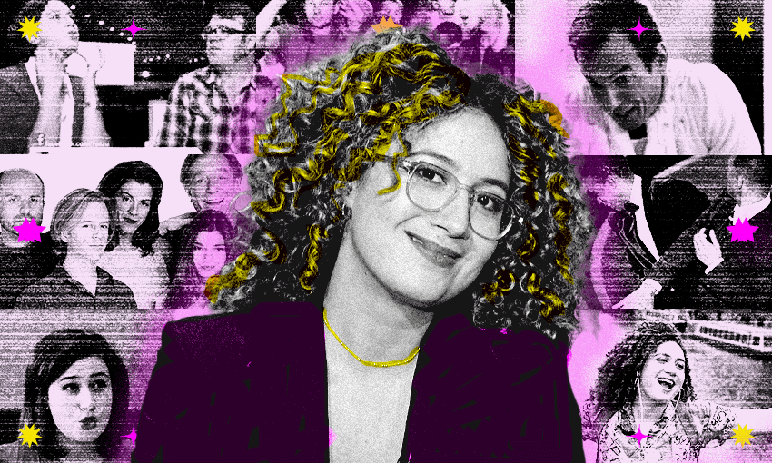 rose matafeo with a collage of her favourite tv shows in the background