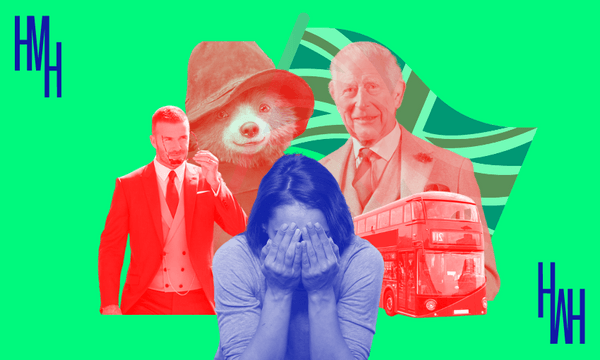 person crying, surrounded by london icons such as prince charles, paddington bear, a bus and david beckham