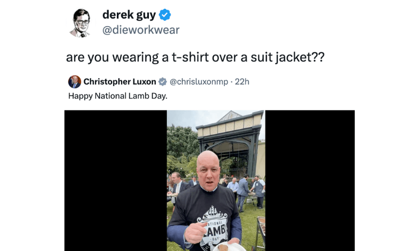 Christopher Luxon wearing a t-shirt over a suit jacket and the tweet above from Derek Guy asking whether he is wearing a t-shirt over a suit jacket.