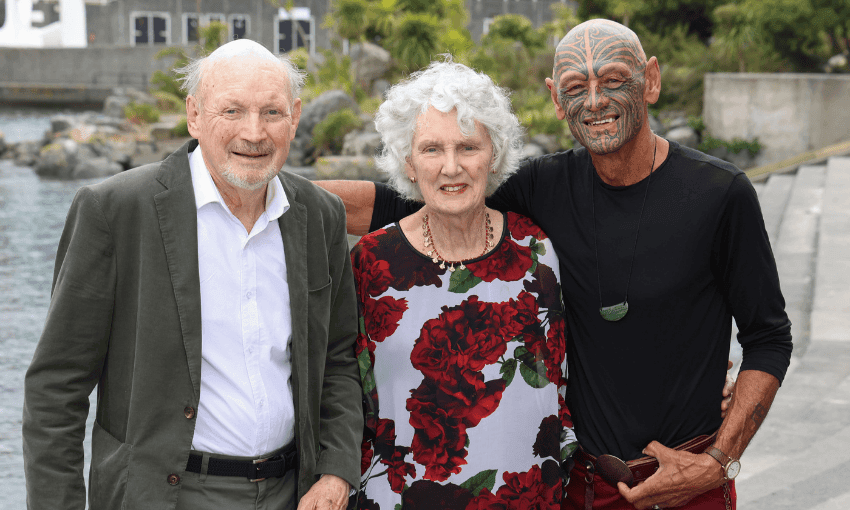 Photo of Neville Peat, Lynley Dodd and Apirana Taylor. Recipients of the Prime Minister's Awards for Literary Achievement 2024.