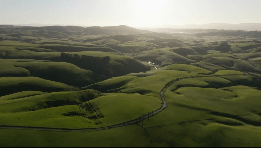 A photo of rich, rolling green hills in West Otago, taken from above at sunrise