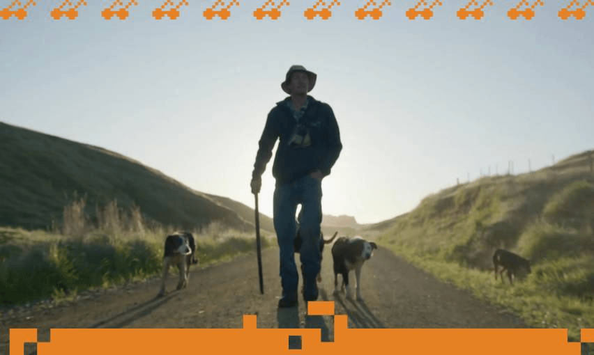 A farmer and his two dogs walk along a gravel road at sunrise