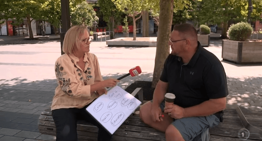 A woman sits under a tree and interviews a man sitting next to her. She holds a large piece of paper with words like economy and cost of living written on it