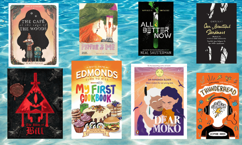 Images of book covers with the sea in the background.