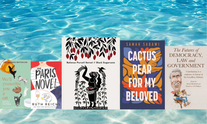 Images of book covers with sea in the background.