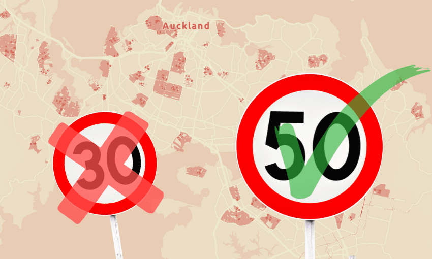 A map of Auckland in the background; in the foreground, a 30 km/h speed limit sign with a red X and a 50 km/h sign with a green checkmark.