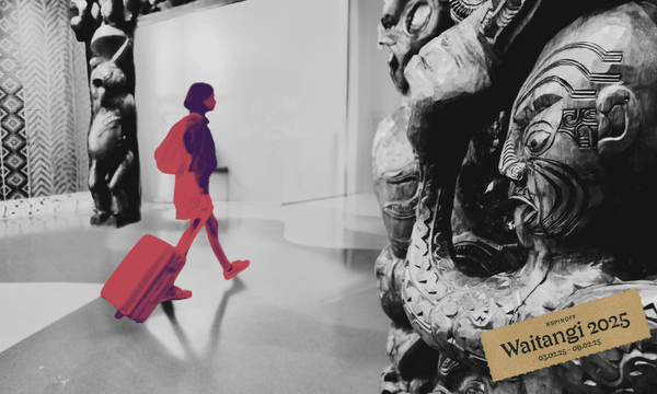 A girl or young woman pulling a suitcase walks through an entranceway featuring Māori carvings. The scene is a blend of monochrome and red highlights.