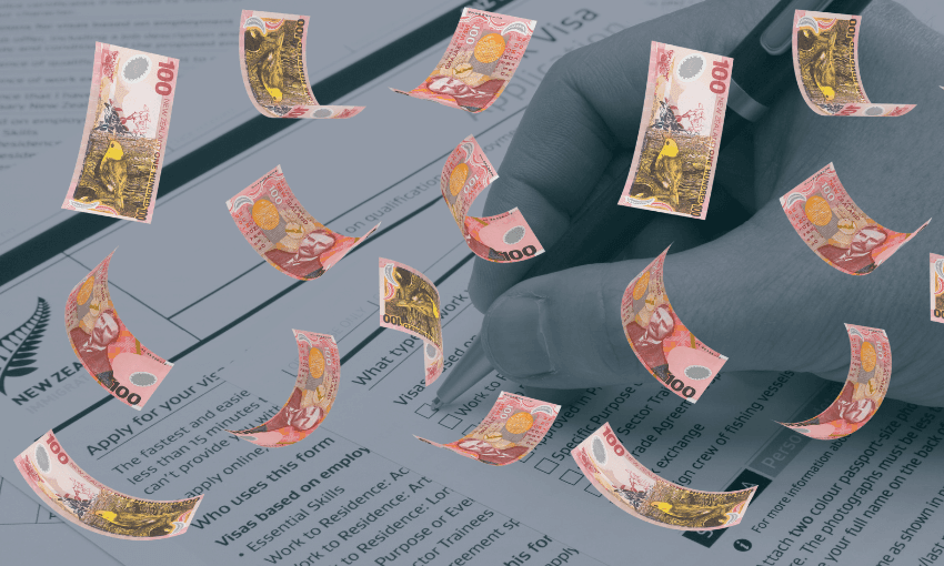 New Zealand visa application form with a hand holding a pen, overlaid with floating, colourful $100 notes.