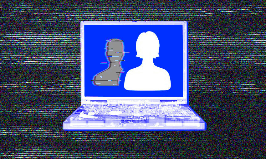 Illustration of a laptop displaying two silhouette figures on a blue screen with digital noise and glitch effects. The figures face opposite directions, and the background has a static-like appearance.