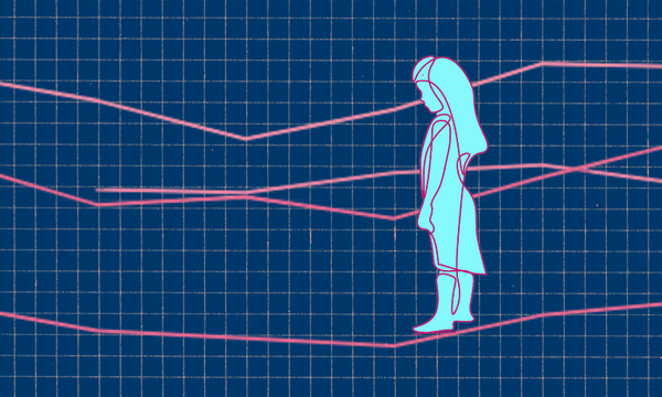 Silhouette of a young girl facing right against a blue grid background. Pink lines form a rising graph-like pattern behind the figure.