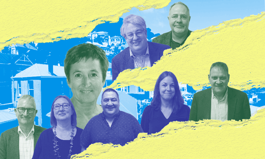 Headshots of the eight members of the independent hearings panel against a backdrop of blue-tinged Wellington houses overlaid with yellow torn paper designs