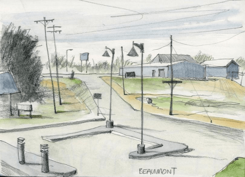 Sketch of a quiet street scene with utility poles, street lamps, and a few buildings. A bench sits to the left amid sparse trees. The road curves, leading to a distant horizon under a cloudy sky. The word "Beaumont" is written at the bottom.