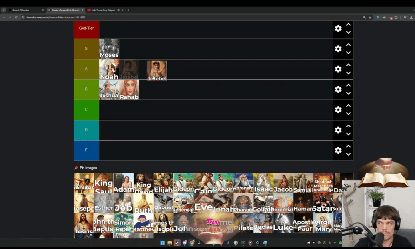 a screenshot showing a man in the far right of the screen with a list of names of old testament characters like Noah and Jezebel who he is ranking