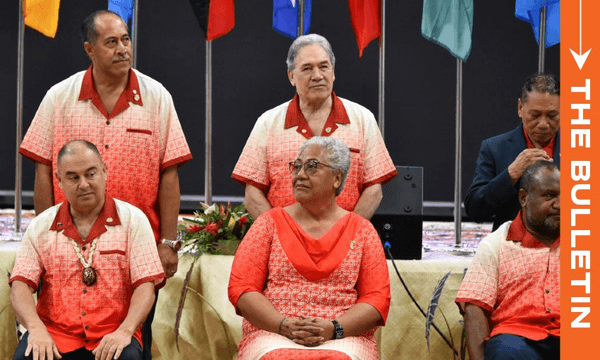 Winston Peters (top C), Cook Islands’ Prime Minister Mark Brown (lower L), Samoa’s Prime Minister Fiame Naomi Mata’afa (lower C) and Papua New Guinea’s Prime Minister James Marape (lower R) on August 26, 2024. (Photo by Mary Lyn FONUA / AFP) 
