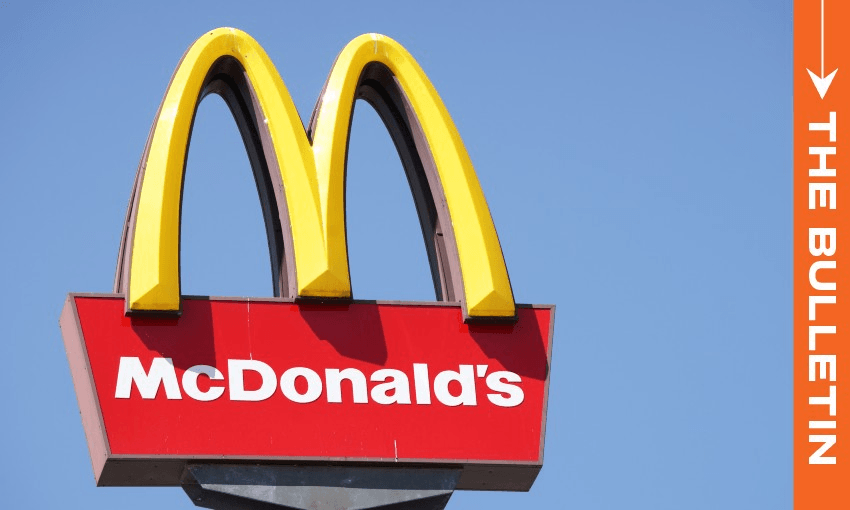 The McDonald's golden arches logo on the left side against a sky blue background
